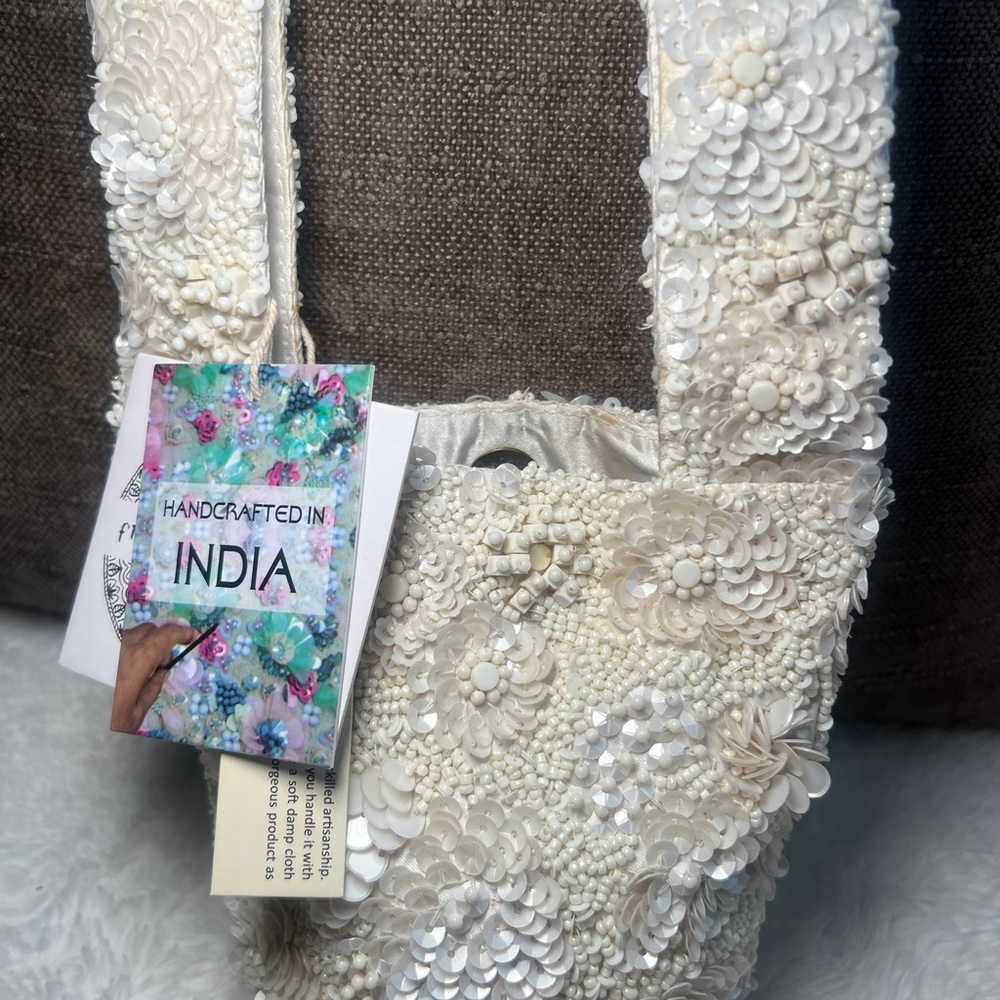 White Beaded Sequin Bucket Bag - Handcrafted in India